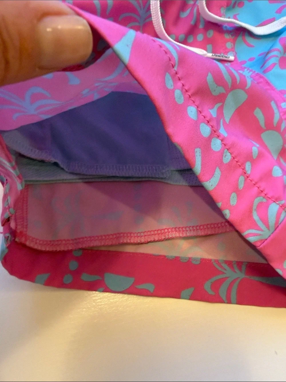 chubbies Teal Swim Trunks with Pink Palm Print